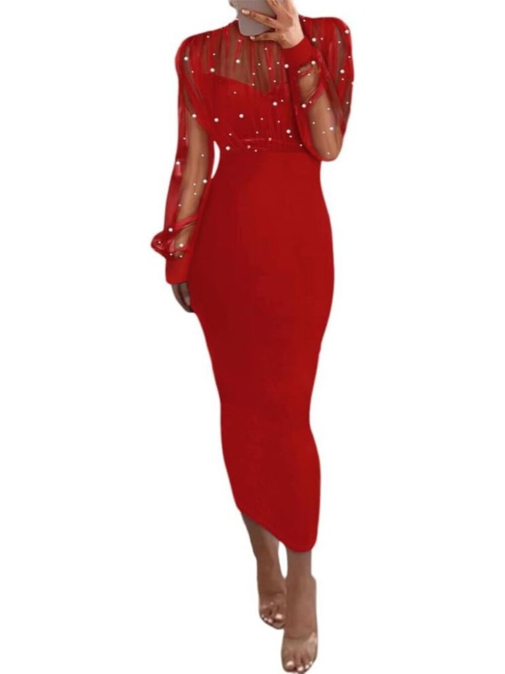 Women's Red Mock Neck Long Sleeve Sheer Sexy Bodycon Beaded Club Party Dresses
